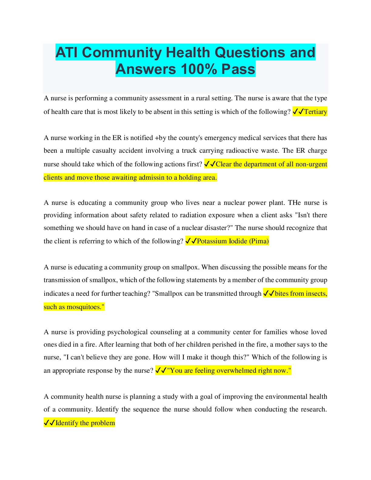 ATI Community Health Questions and Answers 100 Pass Browsegrades